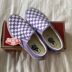 purple checked vans slip ons